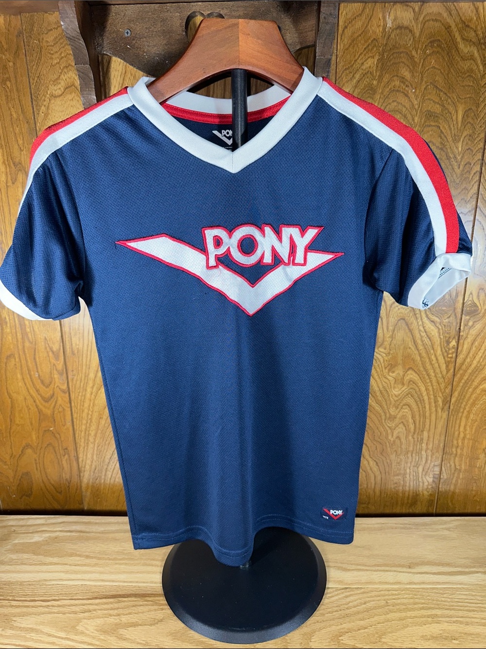 🎉PONY Navy Blue Tee with Red & White Logo and Shoulder Stripes. D208